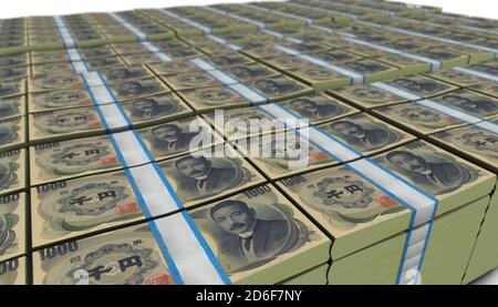Illustrazione 3D dello sfondo delle pile di bollette yen giapponesi Foto Stock