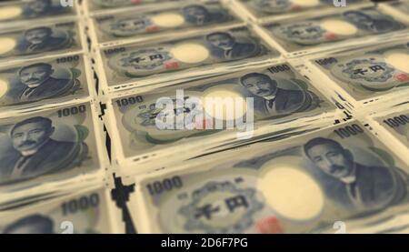 Illustrazione 3D dello sfondo delle pile di bollette yen giapponesi Foto Stock