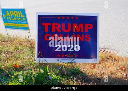 PORTLAND, ME -9 OTT 2020- Vista di un segno democratico sul prato che collega Donald Trump e Susan Collins durante la campagna 2020 a Portland, Maine, United St Foto Stock