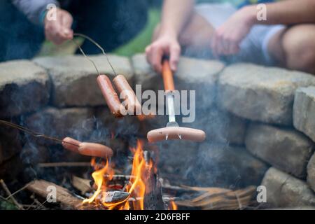 Hot dog che vengono arrostiti su un fuoco di campo Foto Stock