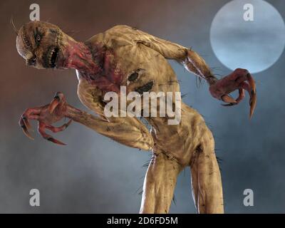 Mostro di scarecrow dell'uomo della paglia sullo sfondo della notte illustrazione 3d di cielo e luna Foto Stock