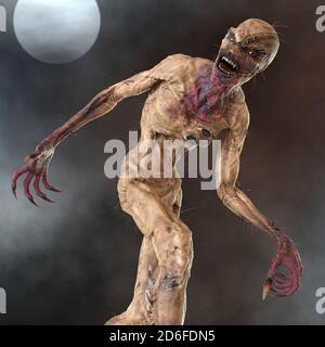 Mostro di scarecrow dell'uomo della paglia sullo sfondo della notte illustrazione 3d di cielo e luna Foto Stock