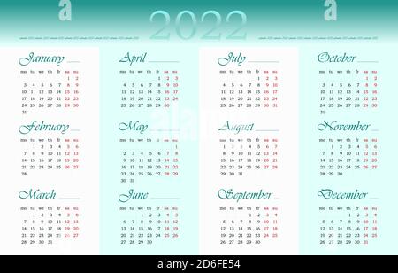 Calendario 2022 anni in inglese. 12 mesi. La settimana inizia il lunedì. Modello vettoriale modificabile 10 EPS. Poster orizzontale, banner, web Illustrazione Vettoriale