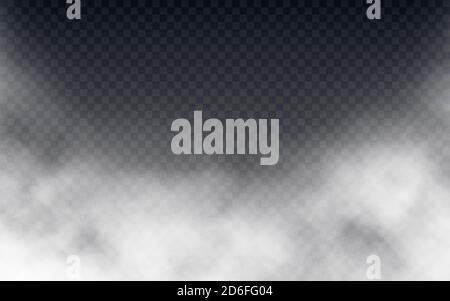Fumo o nebbia isolati su sfondo trasparente. Modello nebbia realistico. Effetto di nuvolosità bianca. Cielo con nuvole bianche. Speciale design smog. Vettore Illustrazione Vettoriale
