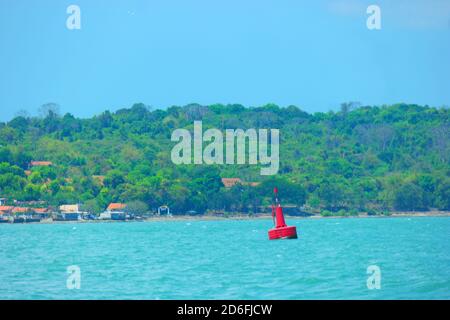 Boa rossa in mare sullo sfondo di a. verde foresta e cielo Foto Stock