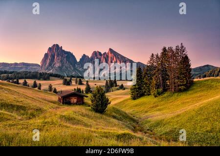 Campagna agricola collinare con pascoli verdi, alberi e capanne in legno a Seiser Alm, Alpe di Siusi, la montagna Plattkofel, Sasso piatto, nel Foto Stock