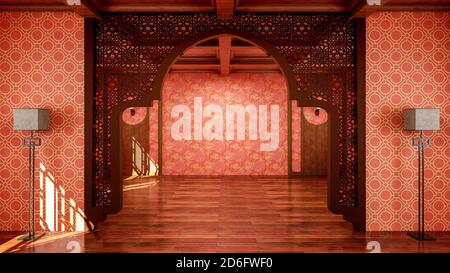 Interni in stile cinese tradizionale spazio vuoto con pavimento in legno, rendering 3d Foto Stock