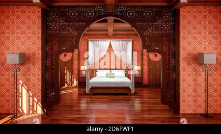 Interni in stile tradizionale cinese con arredamento e pavimento in legno, rendering 3d Foto Stock