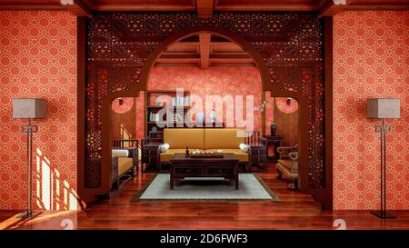 Interni in stile tradizionale cinese soggiorno con mobili e pavimento in legno, rendering 3d Foto Stock