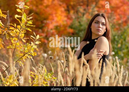 Giovane bella ragazza in un vestito nero si trova in un campo autunnale Foto Stock