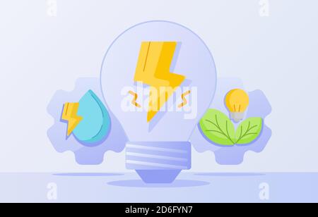 Concetto di energia pulita fulmine in caduta d'acqua lampada a bulbo sfondo isolato bianco foglia con stile piatto Illustrazione Vettoriale