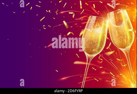 Buon anno con bicchieri di champagne. Banner natalizio con due wineglass con vino frizzante e concetto vettoriale di confetti d'oro brillante Illustrazione Vettoriale
