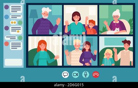 Chat video di famiglia. Genitori, nonni e bambini che chiacchierano sul web. Videochiamata online. Concetto di vettore di conversazione Internet delle persone anziane Illustrazione Vettoriale