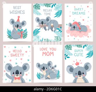 Poster e schede Koala. Stampe con simpatici koala addormentati. L'orso australiano del bambino abbraccia la madre. Invito alla festa con animale della giungla, insieme vettoriale Illustrazione Vettoriale