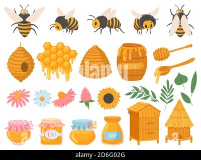 Apicoltura. Prodotti dell'apicoltura miele in vasetti di vetro. Nido d'ape, cera d'api, alveare, fiori e api insieme di vettori alimentari organici Illustrazione Vettoriale
