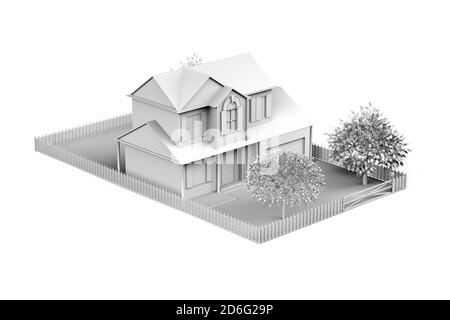 Home mockup con giardino, alberi e recinzione su sfondo bianco con spazio per il testo - vista frontale - rendering 3D Foto Stock
