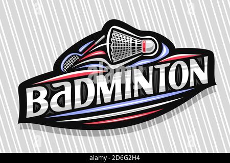 Logo vettoriale per Badminton Sport, emblema moderno scuro con illustrazione di shuttlecock volanti, scritta unica per badminton parola grigia, segno sportivo wit Illustrazione Vettoriale