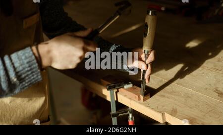 Primo piano di mani di falegname che lavorano con un martello in una piccola officina di carpenteria. Giovane lavoratrice di legno che lavora su un pezzo di legno per una nuova casa d Foto Stock