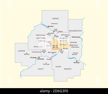 Mappa vettoriale dell'area metropolitana di Minneapolis-Saint Paul, Minnesota, Stati Uniti Illustrazione Vettoriale