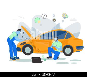 Diagnostica e riparazione auto, manutenzione dell'illustrazione vettoriale piatta del veicolo. Illustrazione Vettoriale