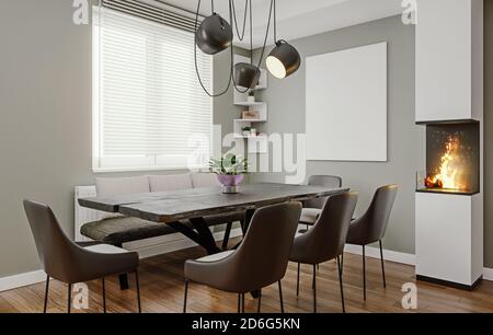 Sala da pranzo dal design italiano moderno con piccolo caminetto e cornice vuota, mock-up, rendering 3d, illustrazione 3d Foto Stock