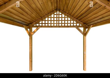 Vista dall'interno di un chiosco in legno isolato su sfondo bianco Foto Stock