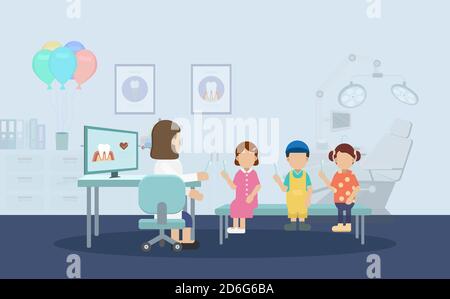 Illustrazione vettoriale del disegno piatto del paziente con il dentista con i bambini Illustrazione Vettoriale