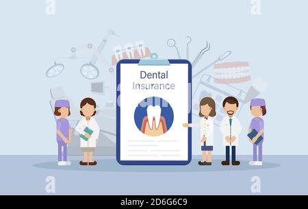 Concetto di assicurazione dentale con il dentista e l'applicazione forma il disegno piano illustrazione vettoriale Illustrazione Vettoriale