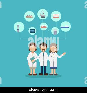 Concetto di servizio odontoiatrico con dentisti e icone vettore di disegno piatto illustrazione Illustrazione Vettoriale