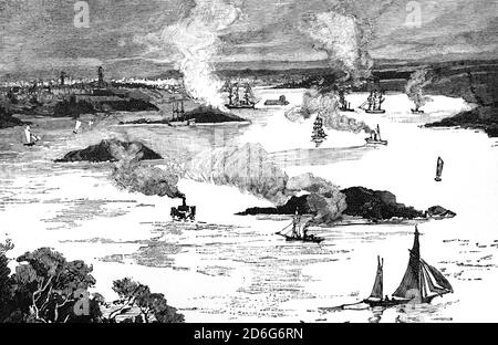 Una vista del tardo 19 ° secolo di Port Jackson, costituito dalle acque del Porto di Sydney, un'insenatura del Mare di Tasman (parte dell'Oceano Pacifico del Sud), nuovo Galles del Sud, Australia. Foto Stock