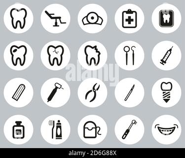 Dentist Office & Equipment Icons Black & White Flat Design Cerchio Set Grande Illustrazione Vettoriale