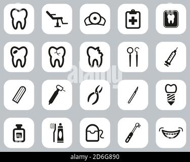 Dentist Office & Equipment Icons Black & White Flat Design Imposta grande Illustrazione Vettoriale