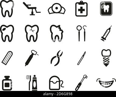 Dentista Ufficio e le icone delle attrezzature Nero e Bianco Set Grande Illustrazione Vettoriale