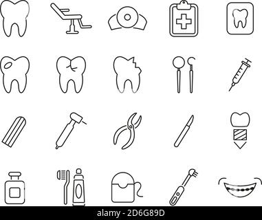 Icone per l'ufficio e l'attrezzatura del dentista linea sottile in bianco e nero Imposta grande Illustrazione Vettoriale