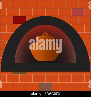 Creta pentola per cucinare in un forno di legno di mattone. Illustrazione Vettoriale