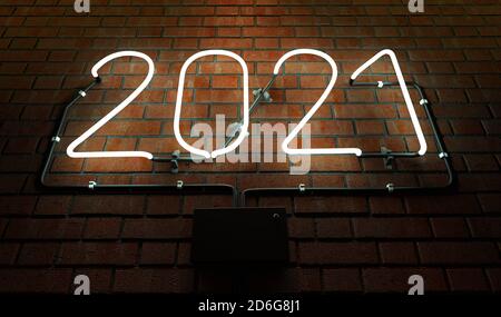 Scritta Lit 2021 con Neon Tube su Brick Wall Foto Stock