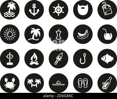 Icone di Desert Island bianche su Black Flat Design Circle Set Grande Illustrazione Vettoriale