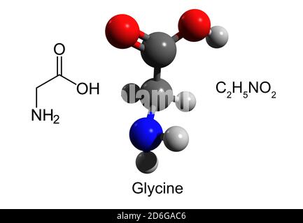 Formula chimica, formula strutturale e modello 3D a sfera e bastone di glicina, un aminoacido essenziale più semplice, fondo bianco Foto Stock