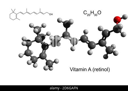 Formula chimica, formula strutturale e modello 3D a sfera e bastone di vitamina A (retinolo), fondo bianco Foto Stock