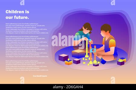 I bambini giocano sul pavimento in camera. Fratello e sorella impilano cubetti, giocattoli. Illustrazione Vettoriale