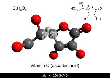 Formula chimica, formula strutturale e modello 3D di vitamina C (acido ascorbico), fondo bianco Foto Stock