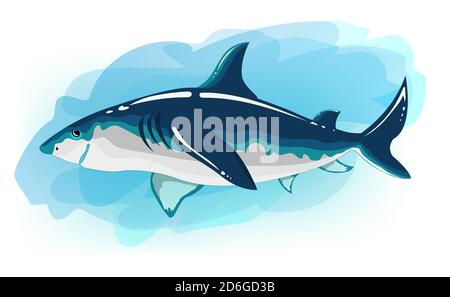 Cartoni animati di squalo. L'illustrazione è colorata e vibrante. Può essere utilizzato senza sfondo blu. Carattere stilizzato per libri, giochi da tavolo, adesivi Illustrazione Vettoriale
