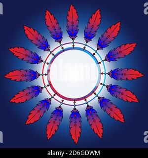 Piume in un cerchio. Posiziona per il testo. Sfondo colorato. I colori utilizzati sono blu e rosso. Illustrazione Vettoriale
