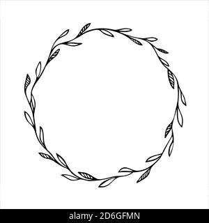 Lascia la cornice disegnata a mano. Cornice vettoriale botanica. Sfondo floreale. Delicata illustrazione della corona floreale. Disegno di linee rami vettoriali, piante, erbe. Logo Leaf. Invito al matrimonio. Illustrazione Vettoriale