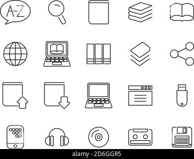 Icone dizionario o glossario Set di linee sottili in bianco e nero Grande Illustrazione Vettoriale