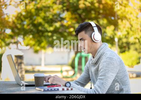 Giovane uomo che studia con il computer mentre ascolta la musica con cuffie nel parco senza maschera Foto Stock