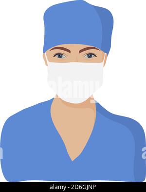 Medico femminile europeo in uniforme blu con maschera ritratto illustrazione. Ritratto infermiere. Illustrazione Vettoriale