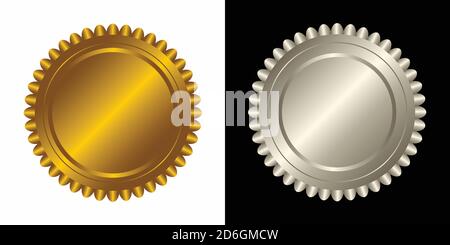 Set vettoriale rotondo dorato e argento badge isolato, sigillo timbro oro lusso elegante banner icona, Vector illustrazione certificato argento lamina sigillo o med Illustrazione Vettoriale
