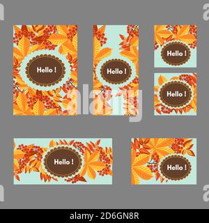 Modelli di design per cartoline con fogliame autunnale, bacche di rowan e posto per inserire il testo. Illustrazione Vettoriale