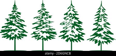 Un insieme di alberi di Natale verdi. Elementi di design per la stagione invernale e una semplice collezione di pittogrammi. Icone e illustrazioni vettoriali isolate. Illustrazione Vettoriale